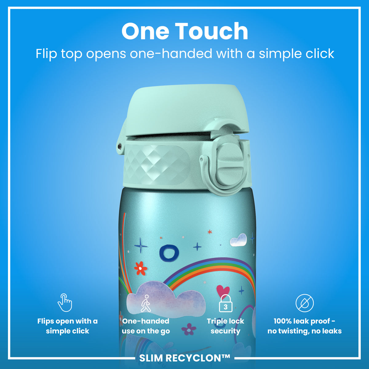 Leak Proof Slim Water Bottle, Recyclon, Unicorn Rainbows, 500ml (18oz) — additional product photo