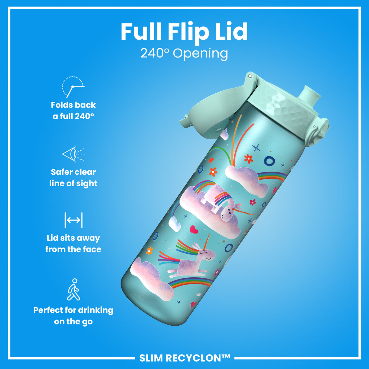 Leak Proof Slim Water Bottle, Recyclon, Unicorn Rainbows, 500ml (18oz) — additional product photo