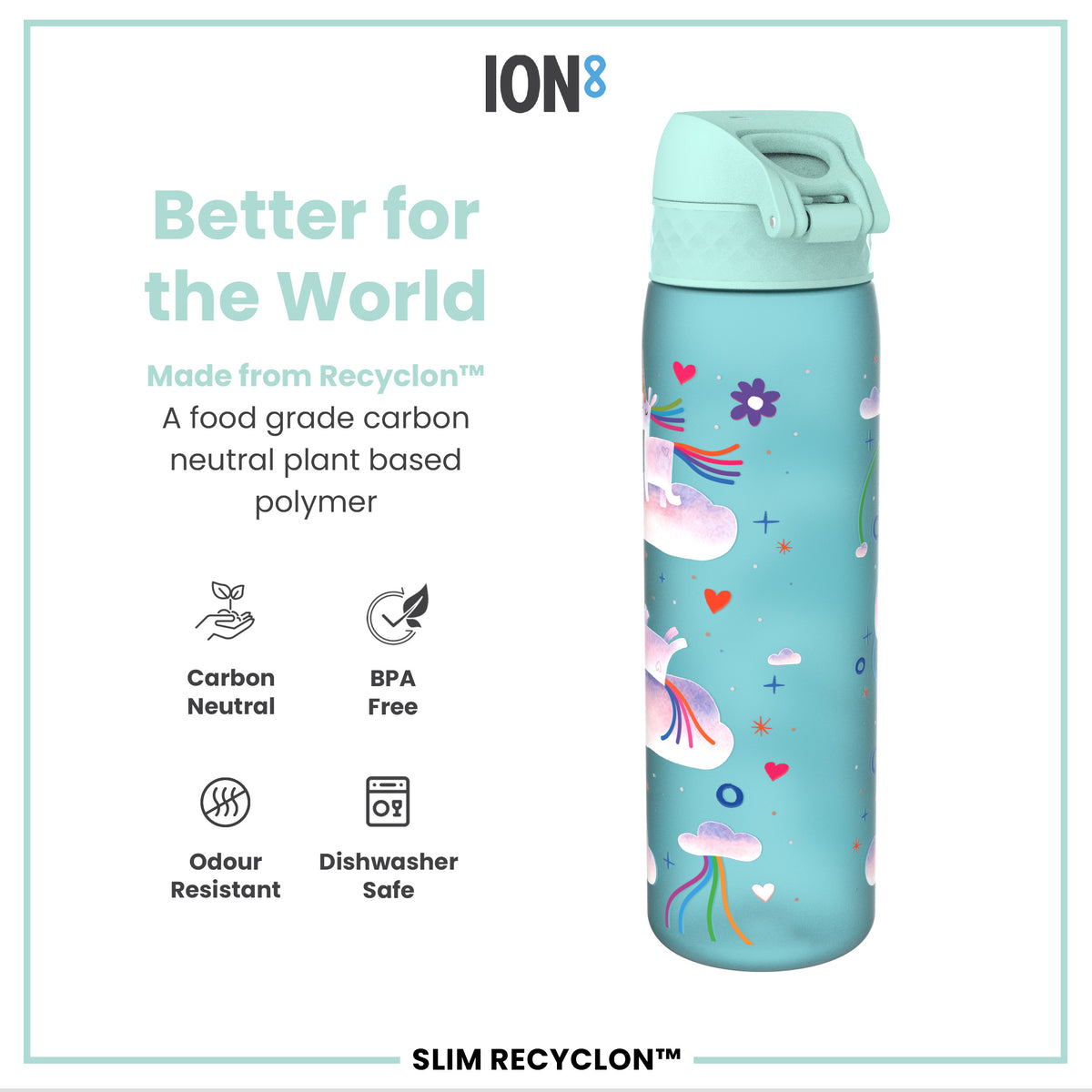 Leak Proof Slim Water Bottle, Recyclon, Unicorn Rainbows, 500ml (18oz) — additional product photo