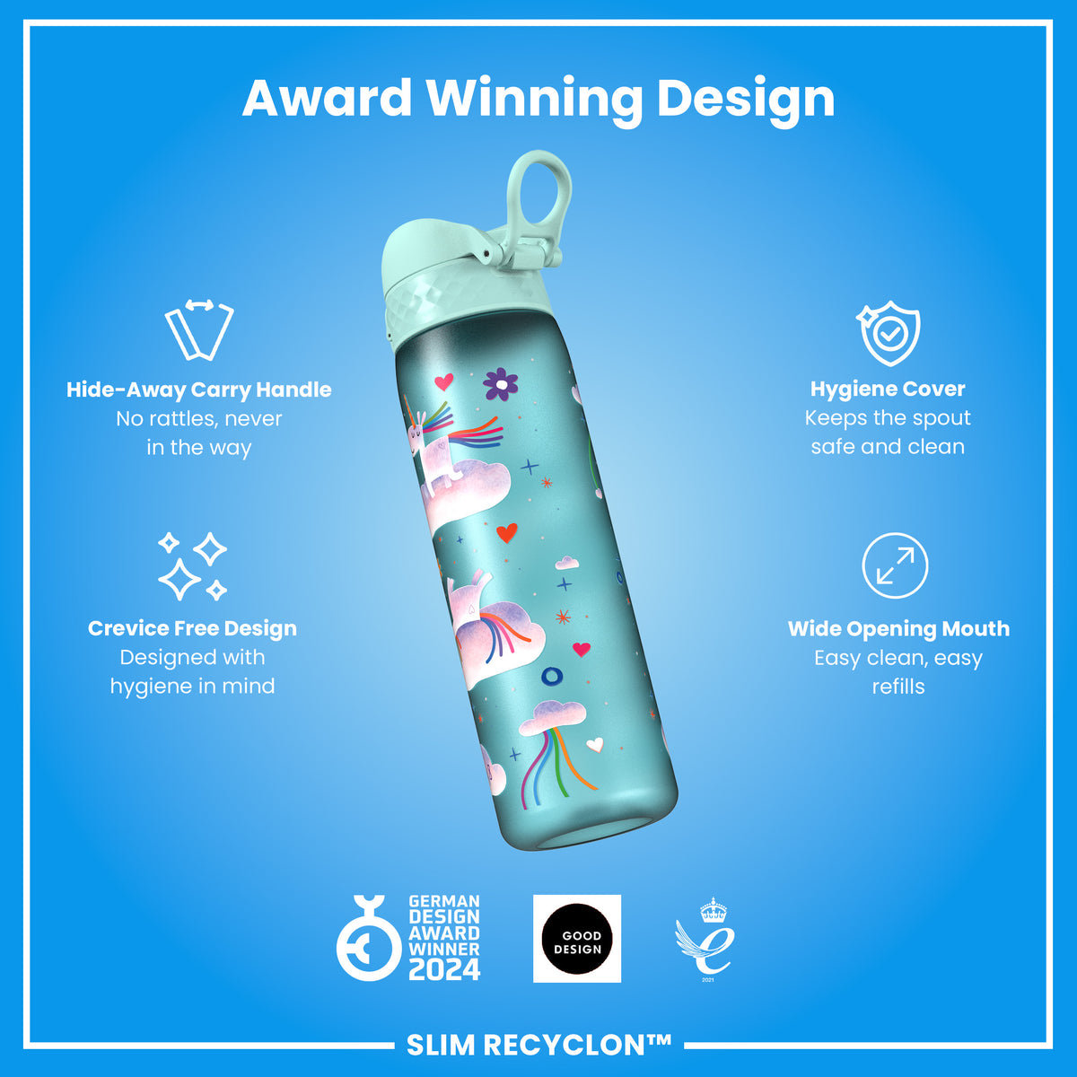 Leak Proof Slim Water Bottle, Recyclon, Unicorn Rainbows, 500ml (18oz) — additional product photo