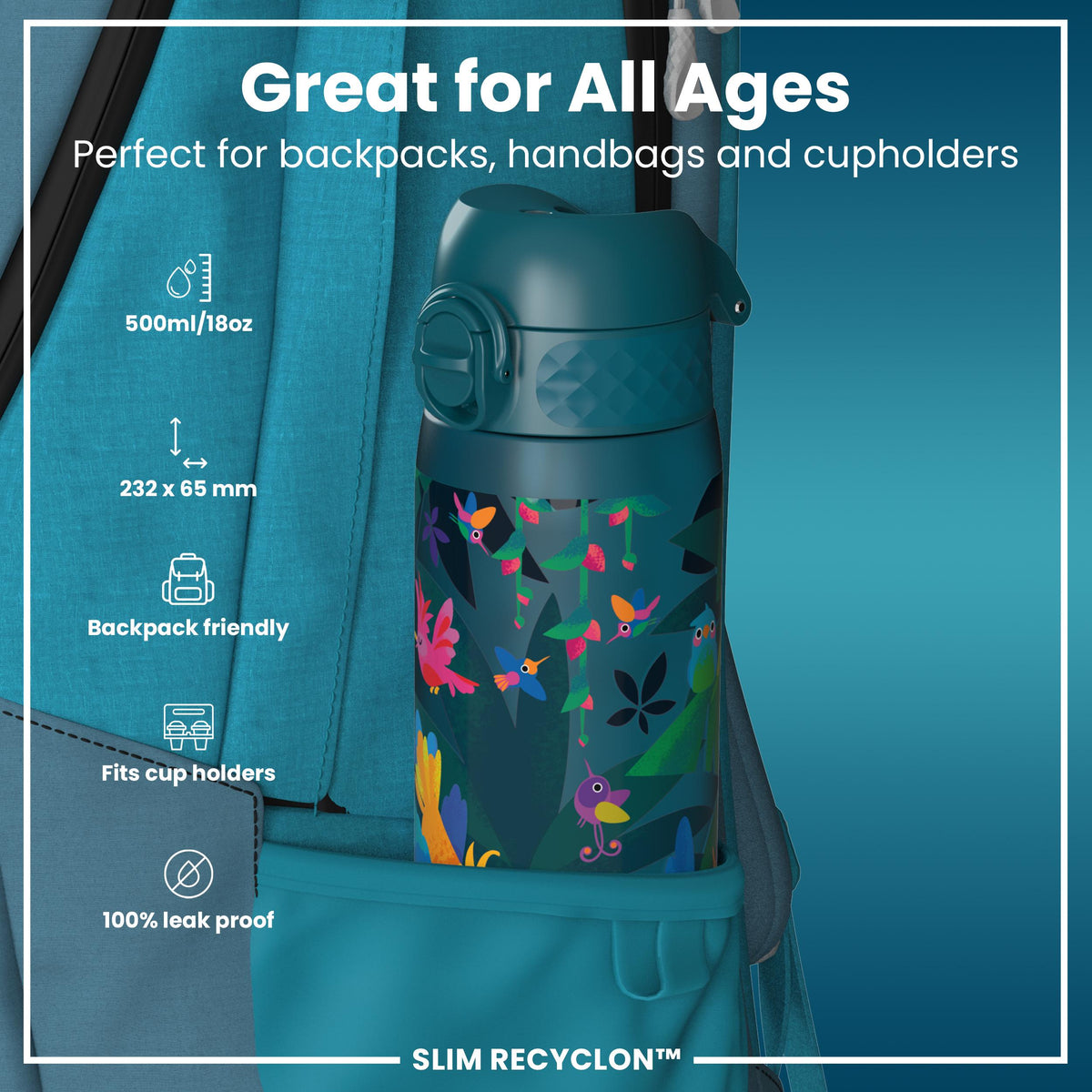 Botella de agua estrecha antifugas, Recyclon, Aves exóticas, 500ml (18oz)