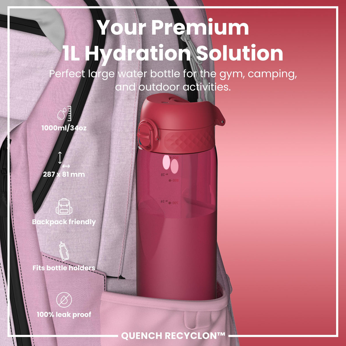 Botella de agua de 1 litro antifugas, Recyclon, de corte medio, magenta, 1L