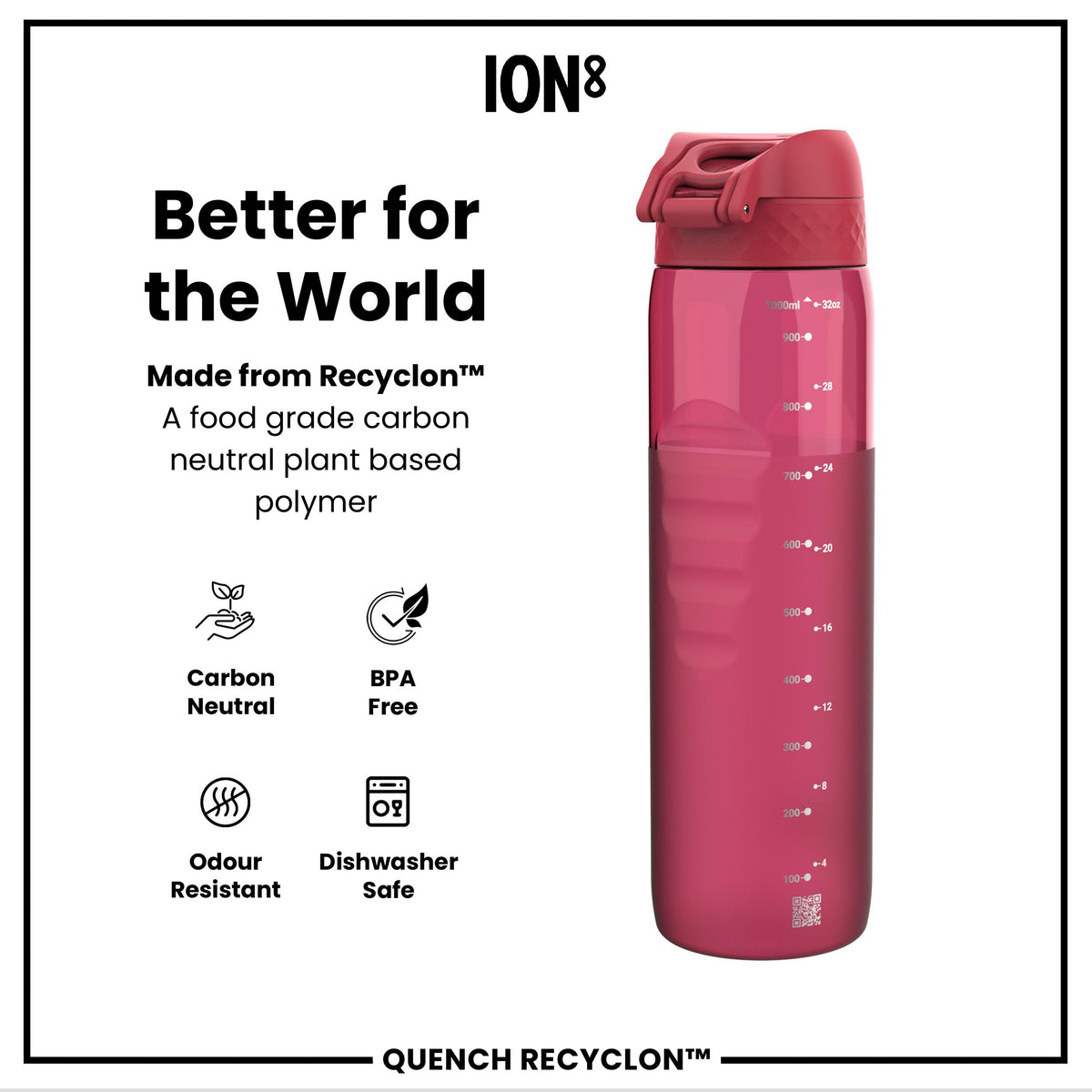 Botella de agua de 1 litro antifugas, Recyclon, de corte medio, magenta, 1L