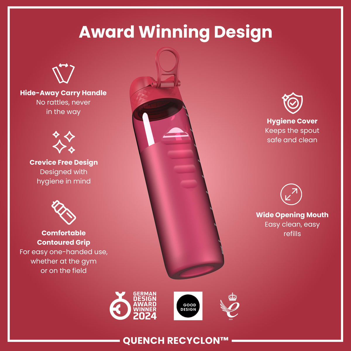 Botella de agua de 1 litro antifugas, Recyclon, de corte medio, magenta, 1L