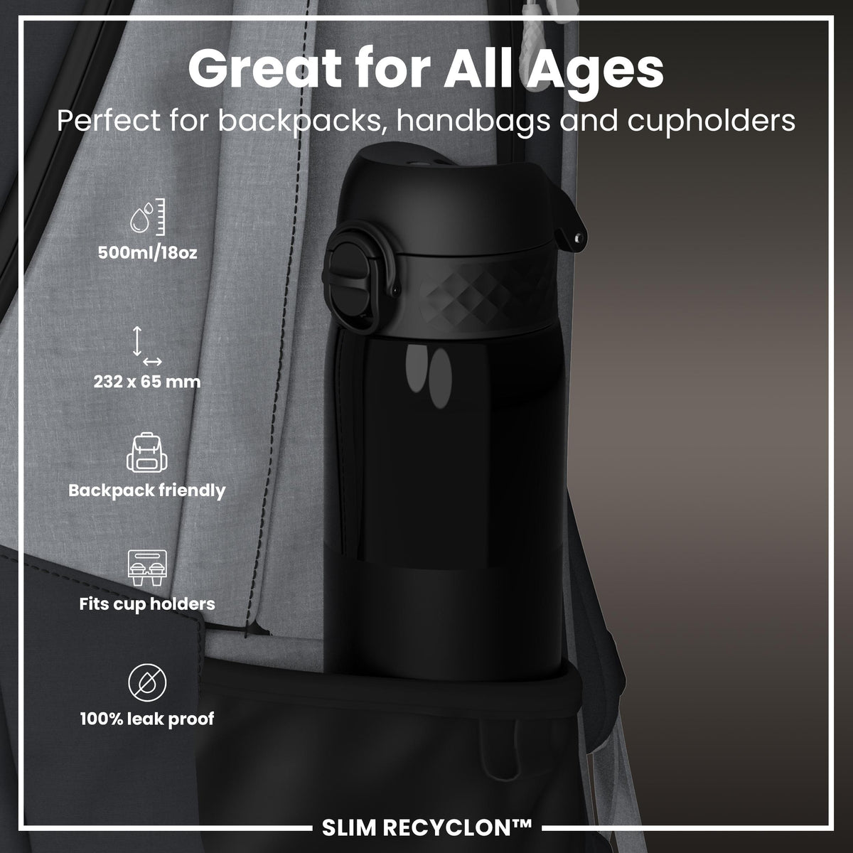 Leak Proof Slim Water Bottle, Recyclon, Half-Cut, Black, 500ml (18oz) — additional product photo