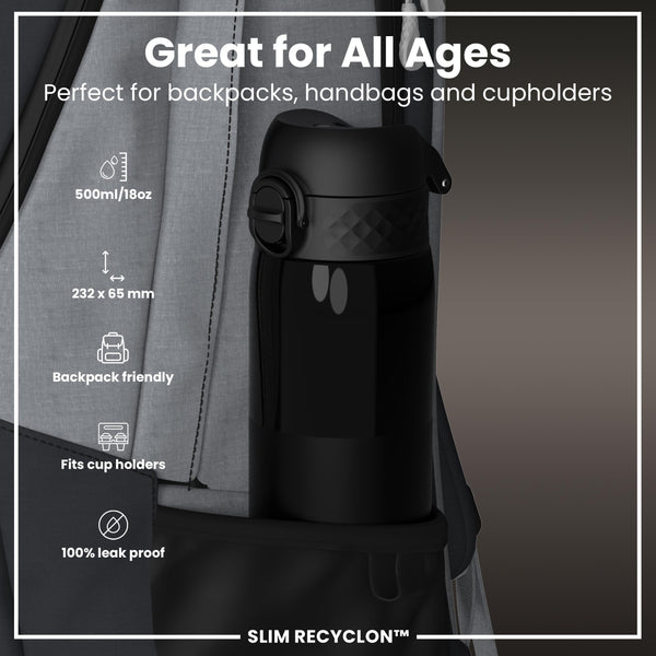 Leak Proof Slim Water Bottle, Recyclon, Half-Cut, Black, 500ml (18oz) — additional product photo