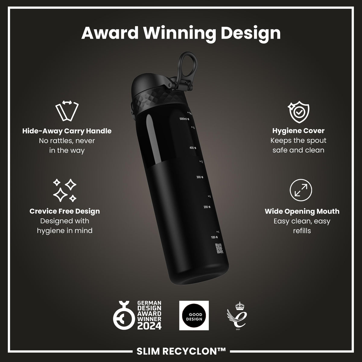 Leak Proof Slim Water Bottle, Recyclon, Half-Cut, Black, 500ml (18oz) — additional product photo