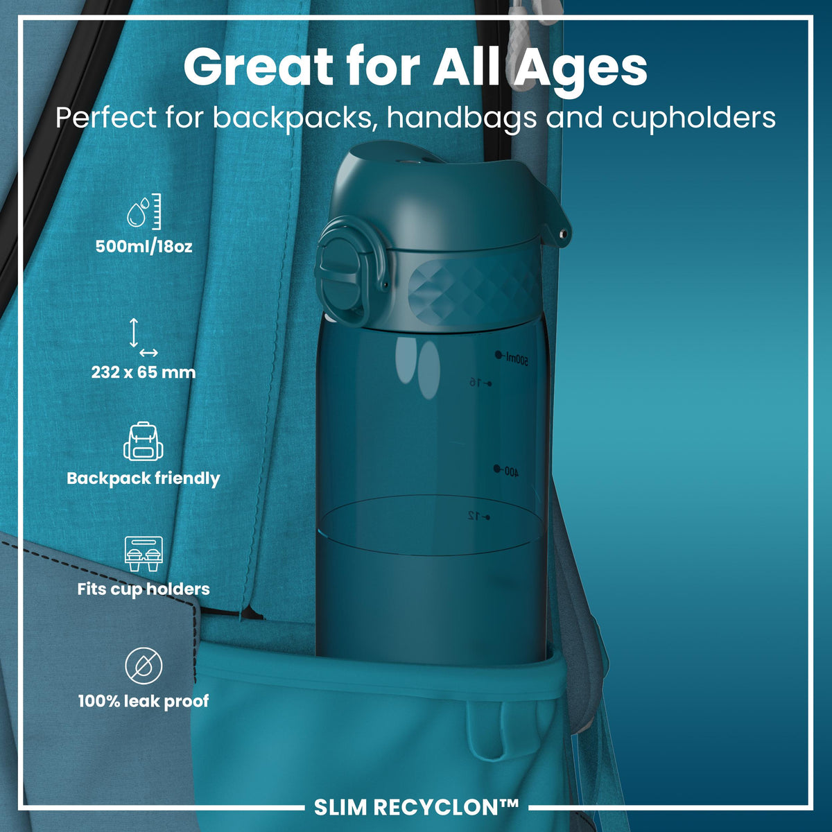 Leak Proof Slim Water Bottle, Recyclon, Half-Cut, Teal, 500ml (18oz) in Deep Teal