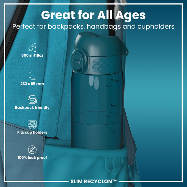 Leak Proof Slim Water Bottle, Recyclon, Half-Cut, Teal, 500ml (18oz) in Deep Teal