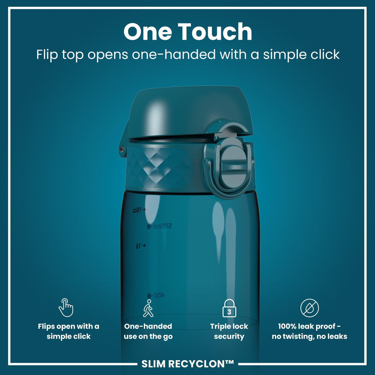 Leak Proof Slim Water Bottle, Recyclon, Half-Cut, Teal, 500ml (18oz) in Deep Teal