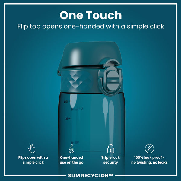 Leak Proof Slim Water Bottle, Recyclon, Half-Cut, Teal, 500ml (18oz) in Deep Teal