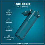 Leak Proof Slim Water Bottle, Recyclon, Half-Cut, Teal, 500ml (18oz) in Deep Teal