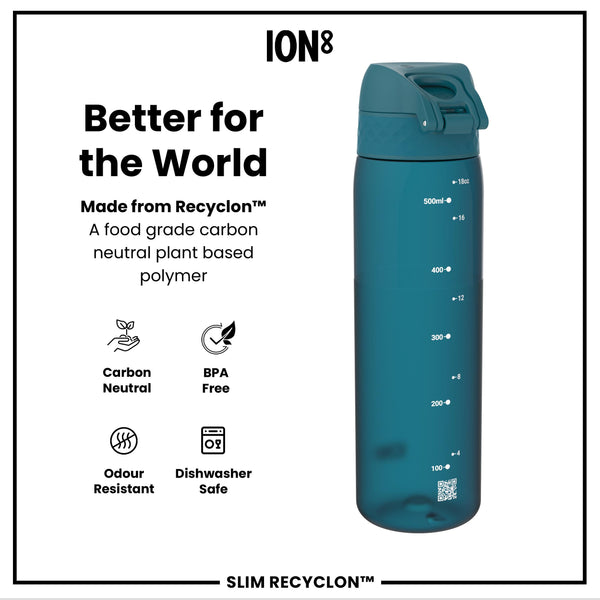 Leak Proof Slim Water Bottle, Recyclon, Half-Cut, Teal, 500ml (18oz) in Deep Teal