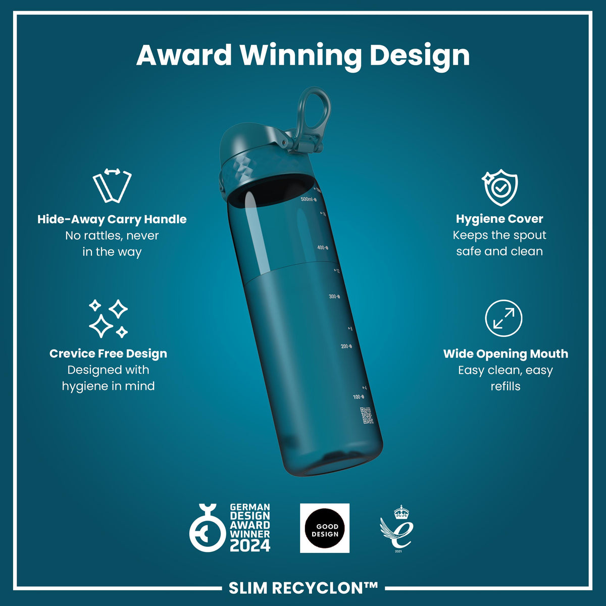 Leak Proof Slim Water Bottle, Recyclon, Half-Cut, Teal, 500ml (18oz) in Deep Teal