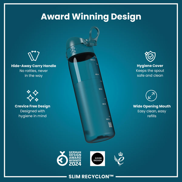 Leak Proof Slim Water Bottle, Recyclon, Half-Cut, Teal, 500ml (18oz) in Deep Teal