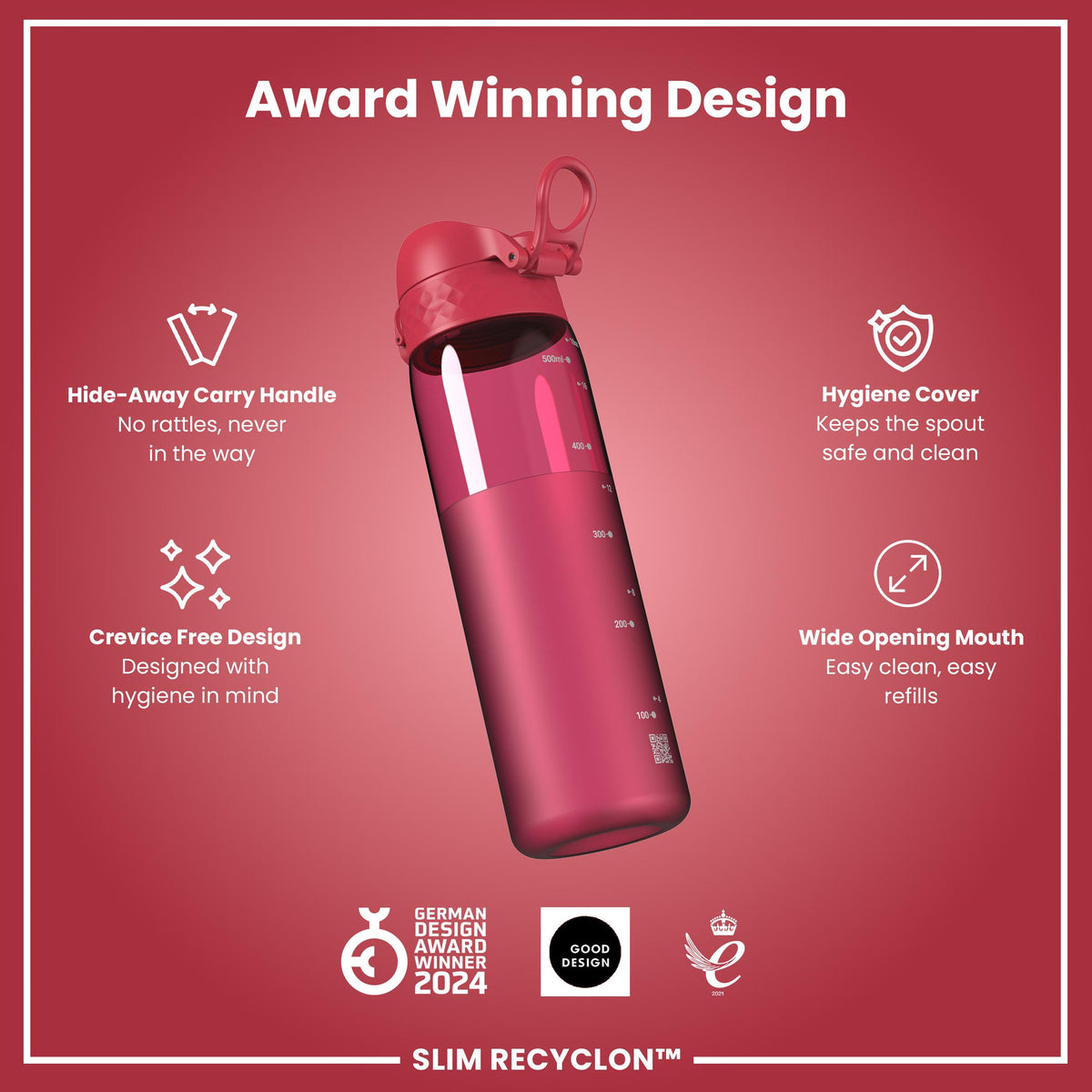 Antifugas Slim Botella de agua, Recyclon, Half-Cut, Magenta, 500ml (18oz) in Magenta