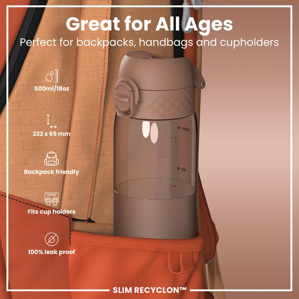 Leak Proof Slim Water Bottle, Recyclon, Half-Cut, Mocha, 500ml (18oz) in Mocha Mousse
