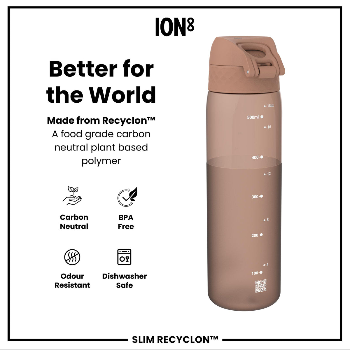 Leak Proof Slim Water Bottle, Recyclon, Half-Cut, Mocha, 500ml (18oz) in Mocha Mousse