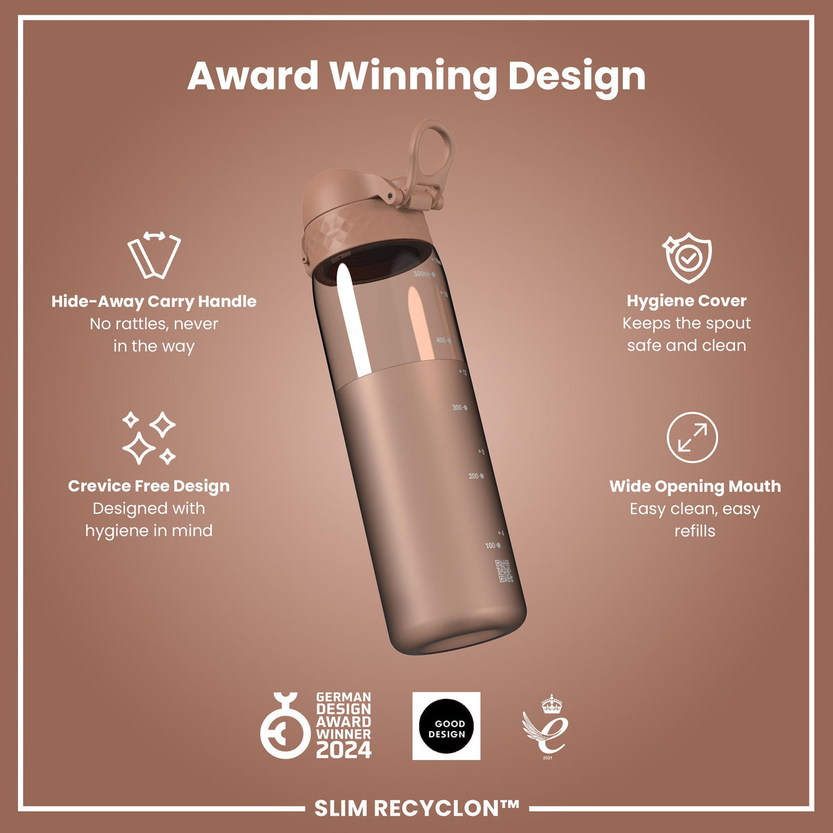 Leak Proof Slim Water Bottle, Recyclon, Half-Cut, Mocha, 500ml (18oz) in Mocha Mousse