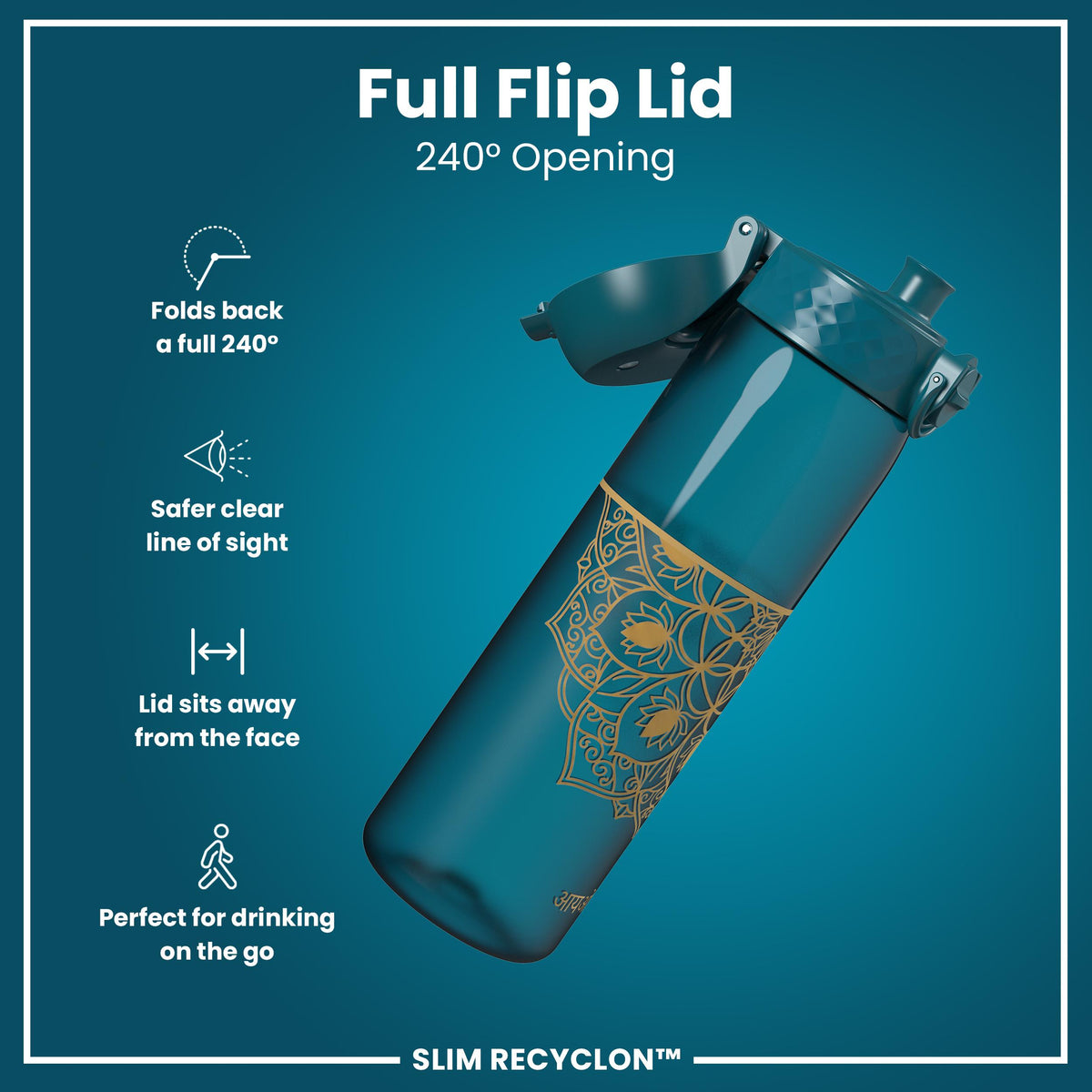 Leak Proof Slim Water Bottle, Recyclon, Half-Cut, Mandalas, 500ml (18oz) — additional product photo
