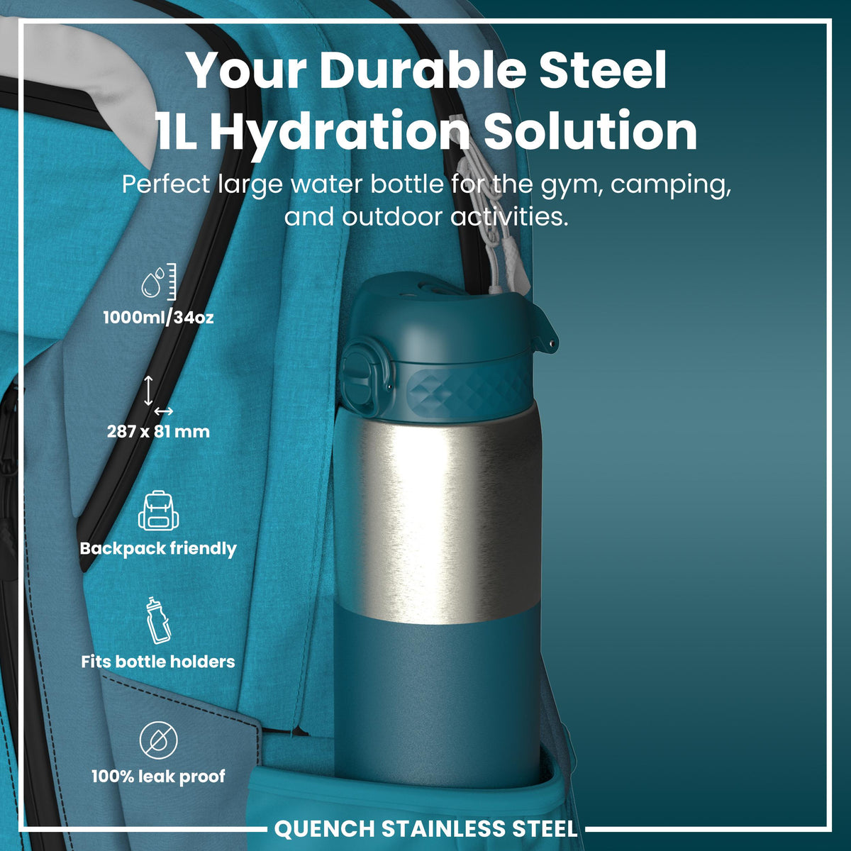Leak Proof 1 Litre Thermal Water Bottle, Insulated, Half-Cut, Teal, 1L in Deep Teal