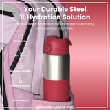 Leak Proof 1 Litre Water Bottle, Stainless Steel, Half-Cut, Magenta, 1L in Magenta