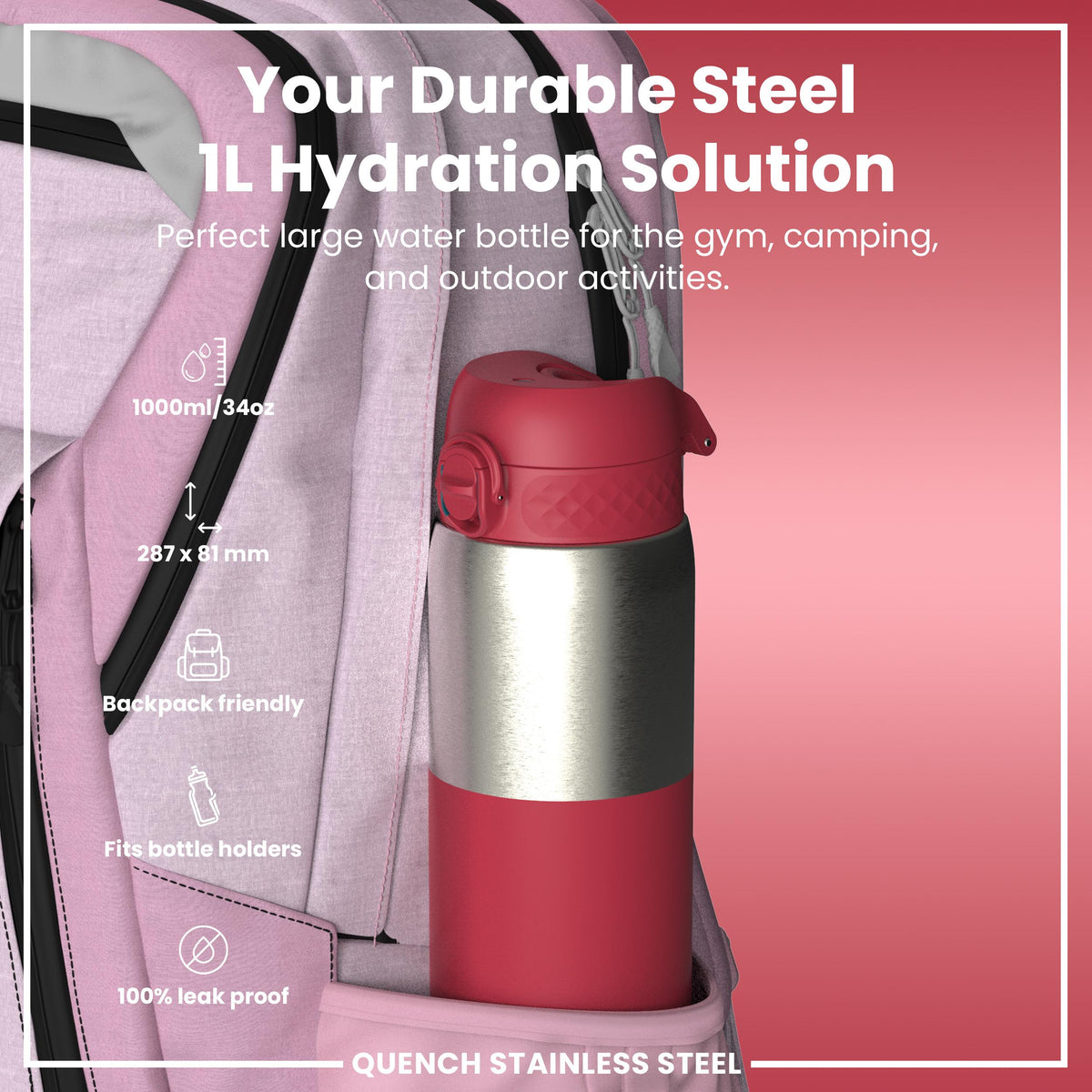 Antifugas 1 Litre Thermal Botella de agua, Insulated, Half-Cut, Magenta, 1L in Magenta