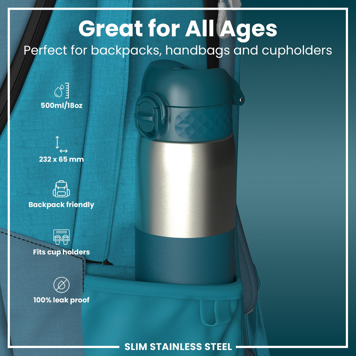 Antifugas Slim Botella de agua, Stainless Steel, Half-Cut, Teal, 600ml (20oz) in Deep Teal