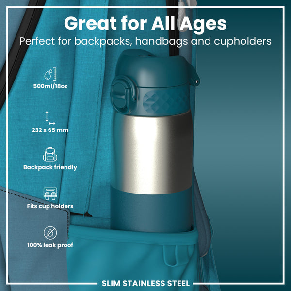 Antifugas Slim Botella de agua, Stainless Steel, Half-Cut, Teal, 600ml (20oz) in Deep Teal