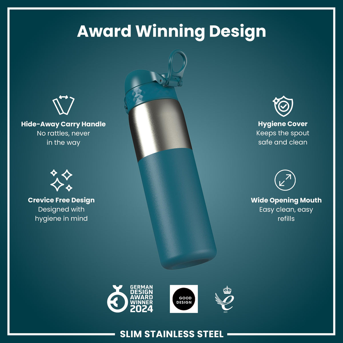 Antifugas Slim Botella de agua, Stainless Steel, Half-Cut, Teal, 600ml (20oz) in Deep Teal