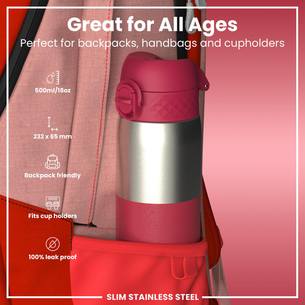 Leak Proof Slim Water Bottle, Stainless Steel, Half-Cut, Magenta, 600ml (20oz) in Magenta