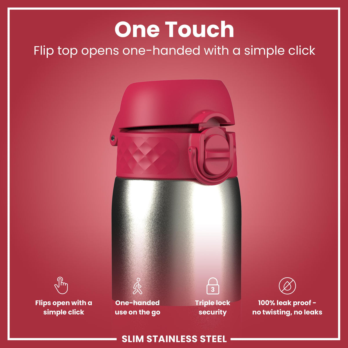 Leak Proof Slim Water Bottle, Stainless Steel, Half-Cut, Magenta, 600ml (20oz) in Magenta