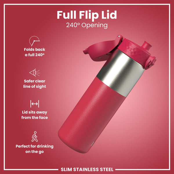 Leak Proof Slim Water Bottle, Stainless Steel, Half-Cut, Magenta, 600ml (20oz) in Magenta