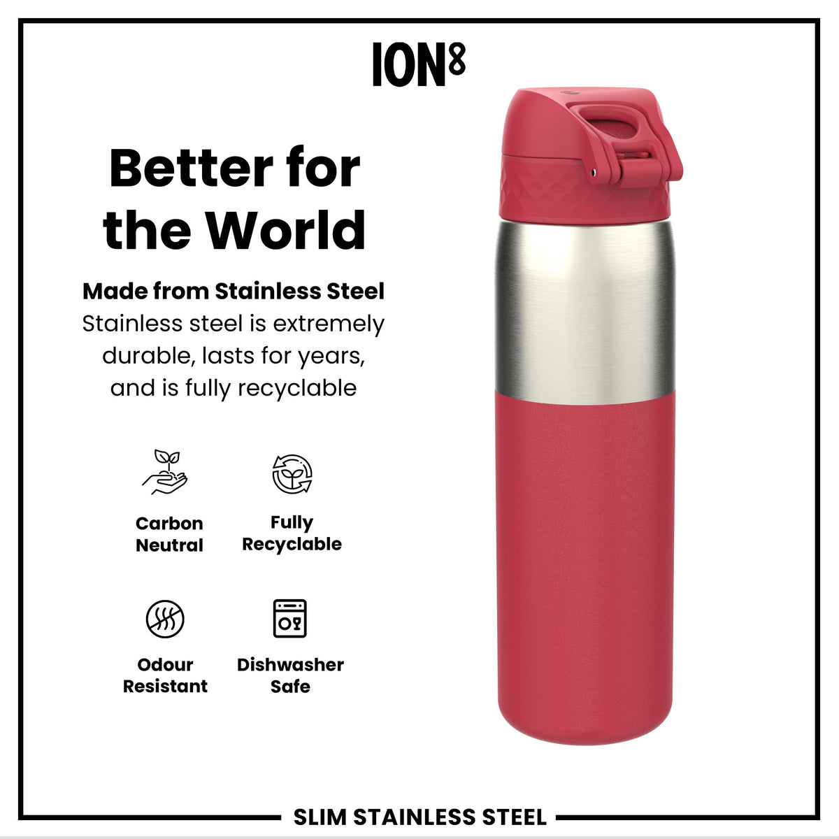 Leak Proof Slim Water Bottle, Stainless Steel, Half-Cut, Magenta, 600ml (20oz) in Magenta