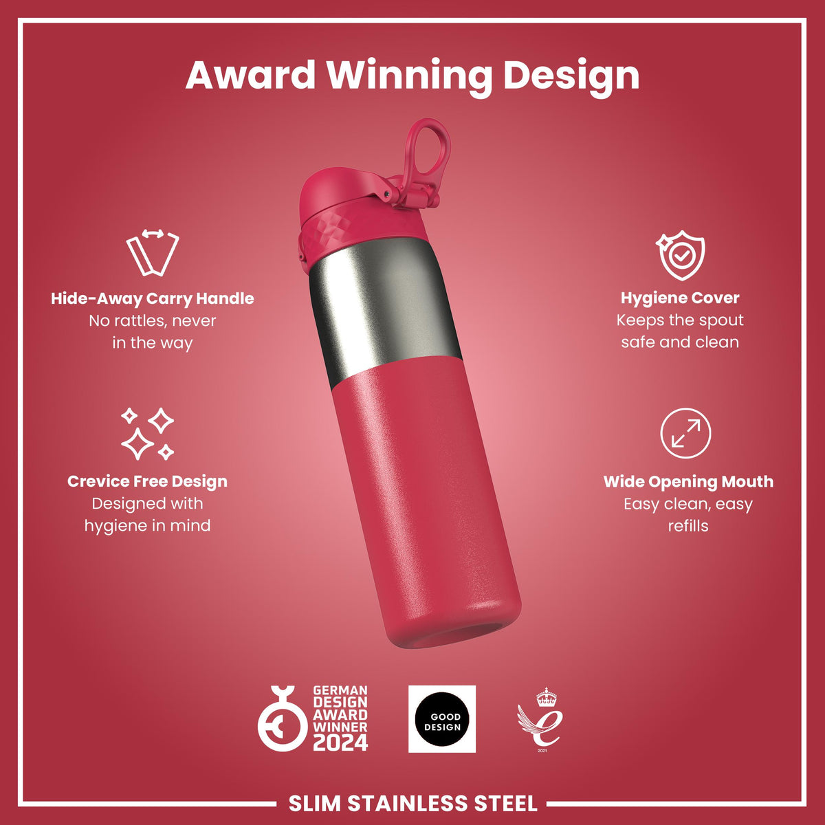 Leak Proof Slim Water Bottle, Stainless Steel, Half-Cut, Magenta, 600ml (20oz) in Magenta