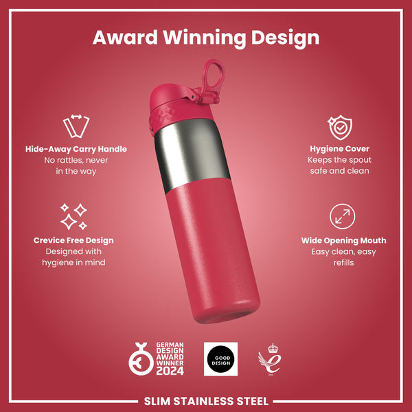 Leak Proof Slim Water Bottle, Stainless Steel, Half-Cut, Magenta, 600ml (20oz) in Magenta