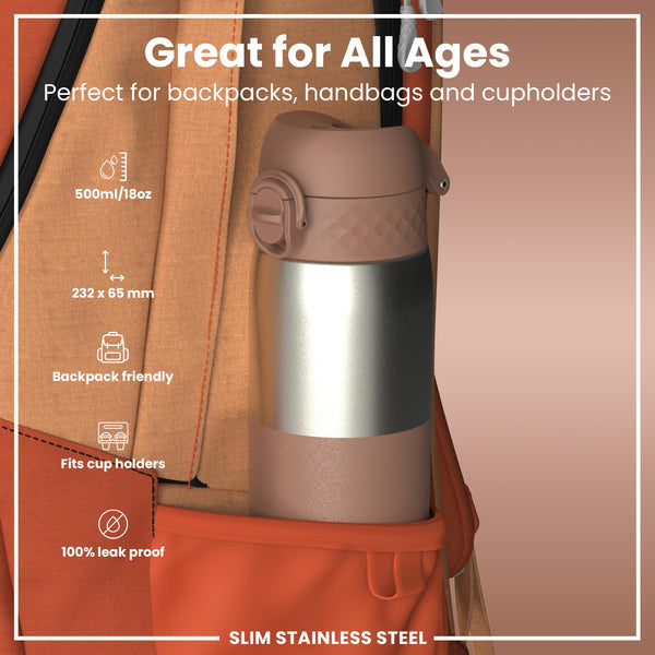Leak Proof Slim Water Bottle, Stainless Steel, Mocha, 600ml (20oz) in Mocha Mousse