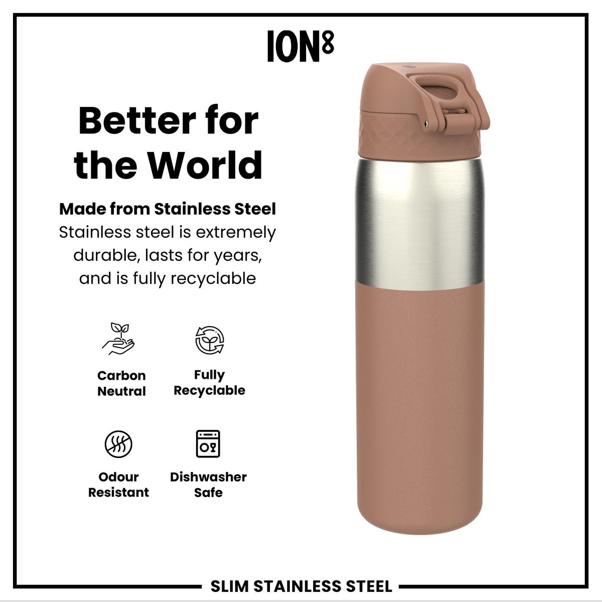 Leak Proof Slim Water Bottle, Stainless Steel, Mocha, 600ml (20oz) in Mocha Mousse