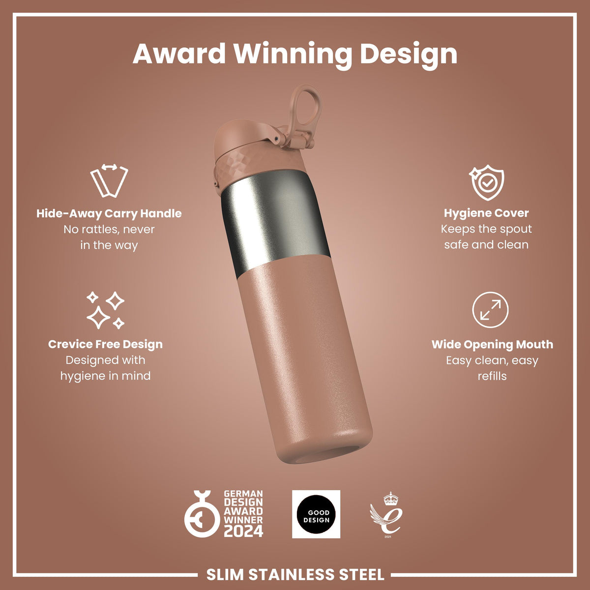 Leak Proof Slim Water Bottle, Stainless Steel, Mocha, 600ml (20oz) in Mocha Mousse