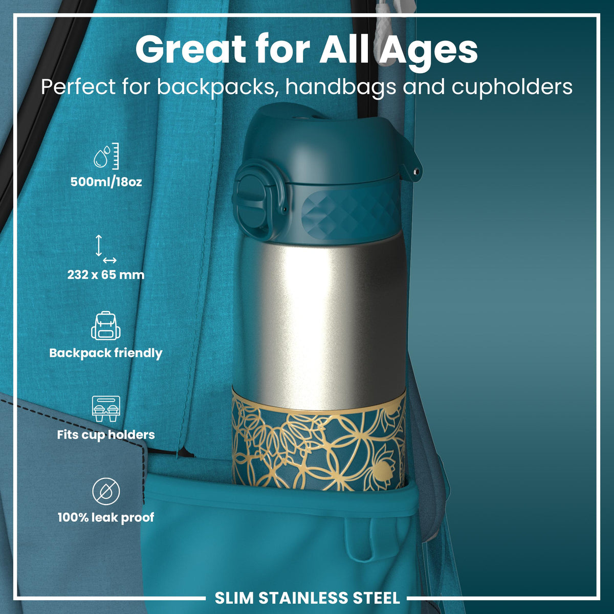 Antifugas Slim Botella de agua, Stainless Steel, Half-Cut, Mandalas, 600ml (20oz) — foto adicional del producto