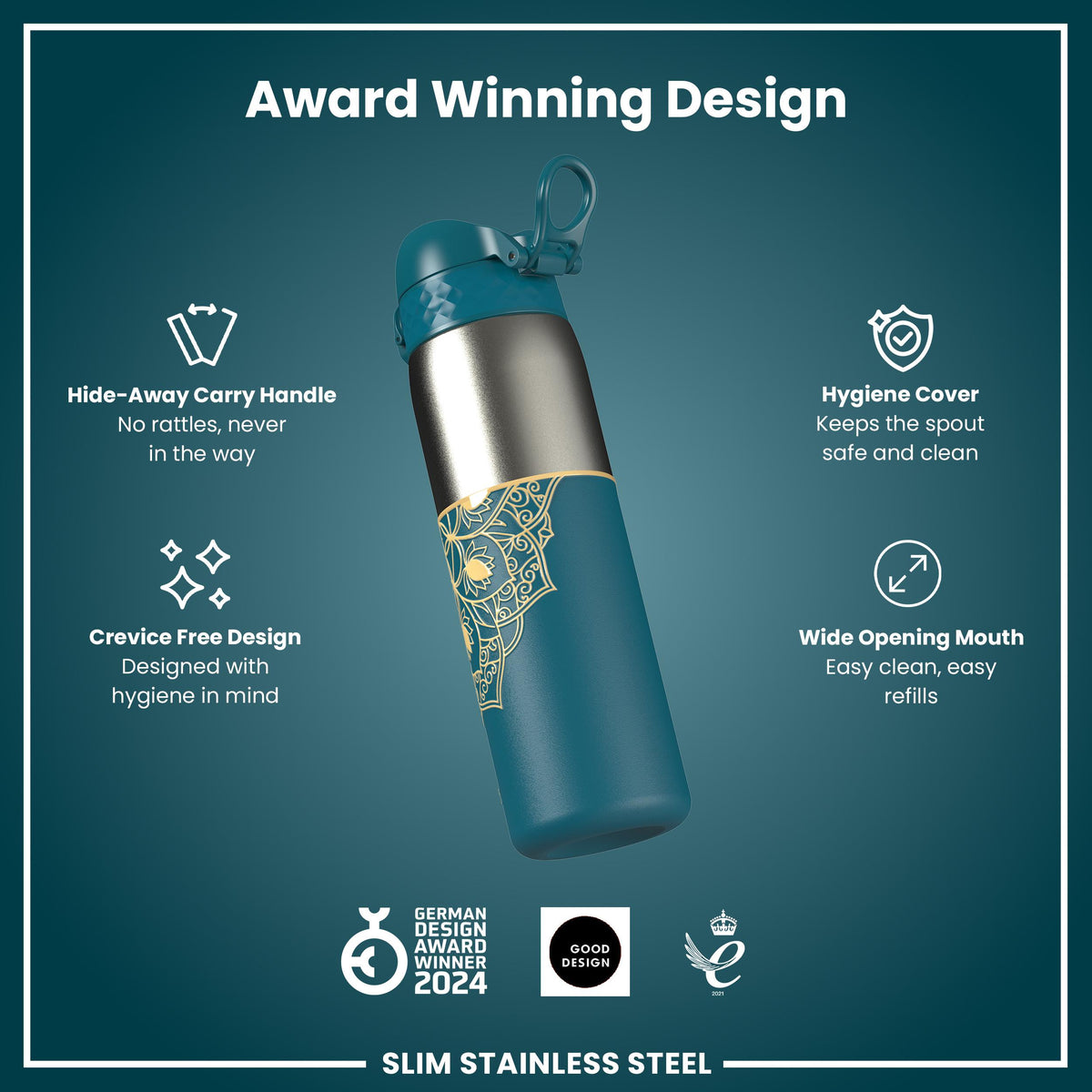 Antifugas Slim Botella de agua, Stainless Steel, Half-Cut, Mandalas, 600ml (20oz) — foto adicional del producto