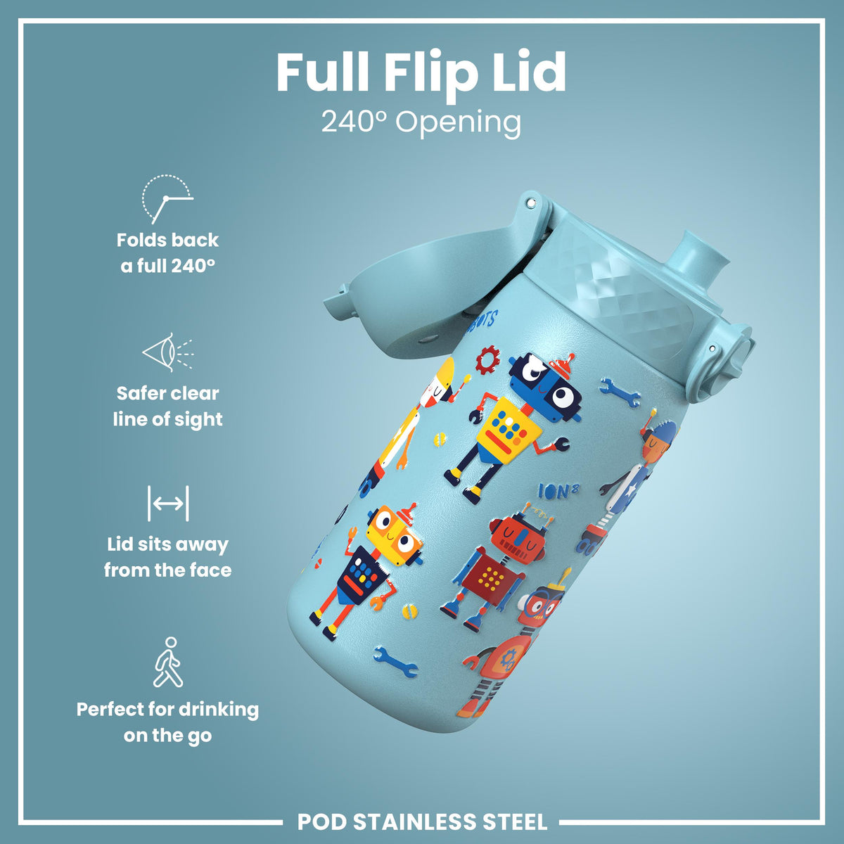 Leak Proof Water Bottle, Stainless Steel, Robots, 400ml (13oz) — additional product photo