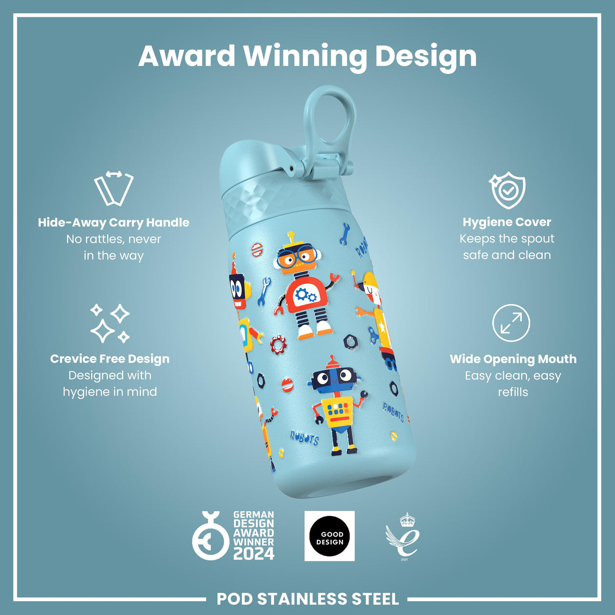 Leak Proof Water Bottle, Stainless Steel, Robots, 400ml (13oz) — additional product photo