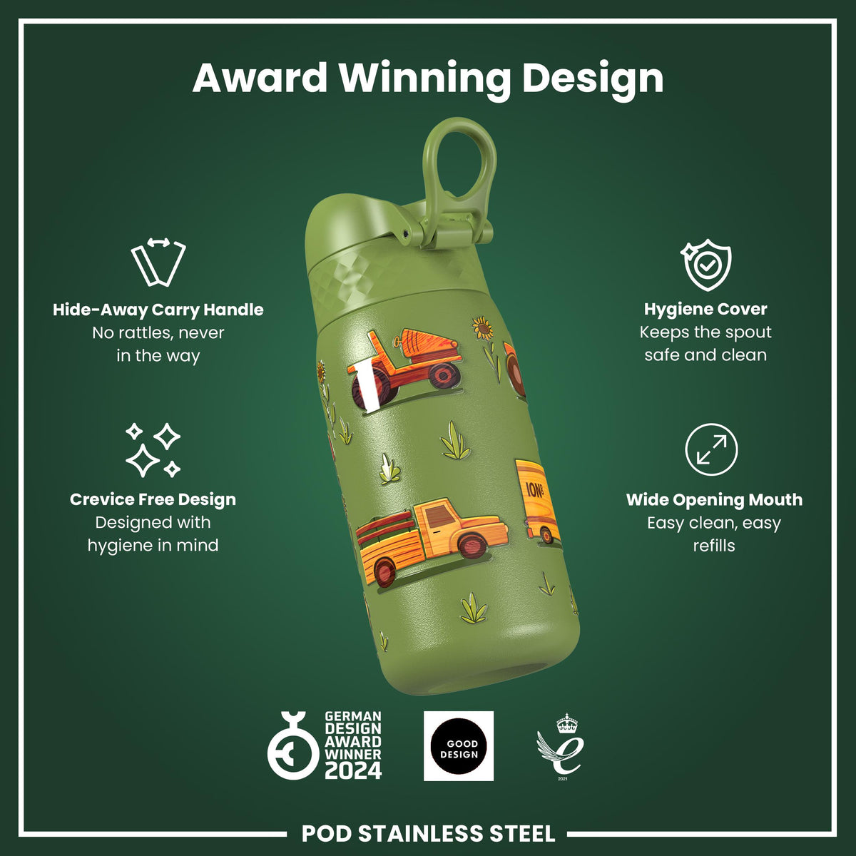 Leak Proof Water Bottle, Stainless Steel, Farm Machines, 400ml (13oz) — additional product photo