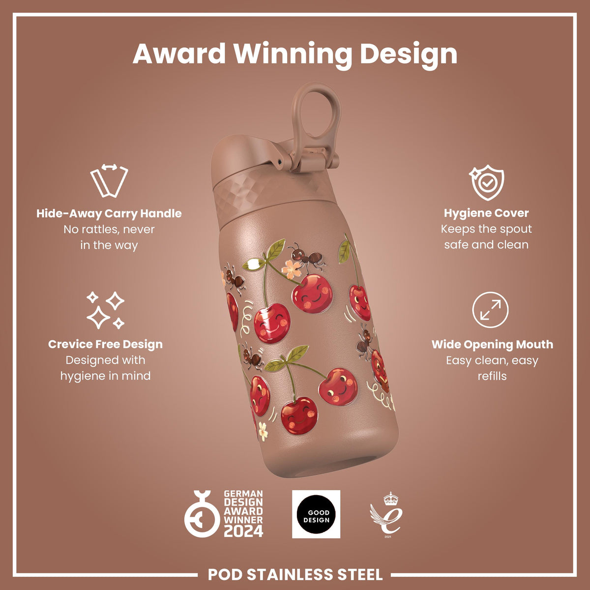 Antifugas Botella de agua, Stainless Steel, Cherries, 400ml (13oz) — foto adicional del producto