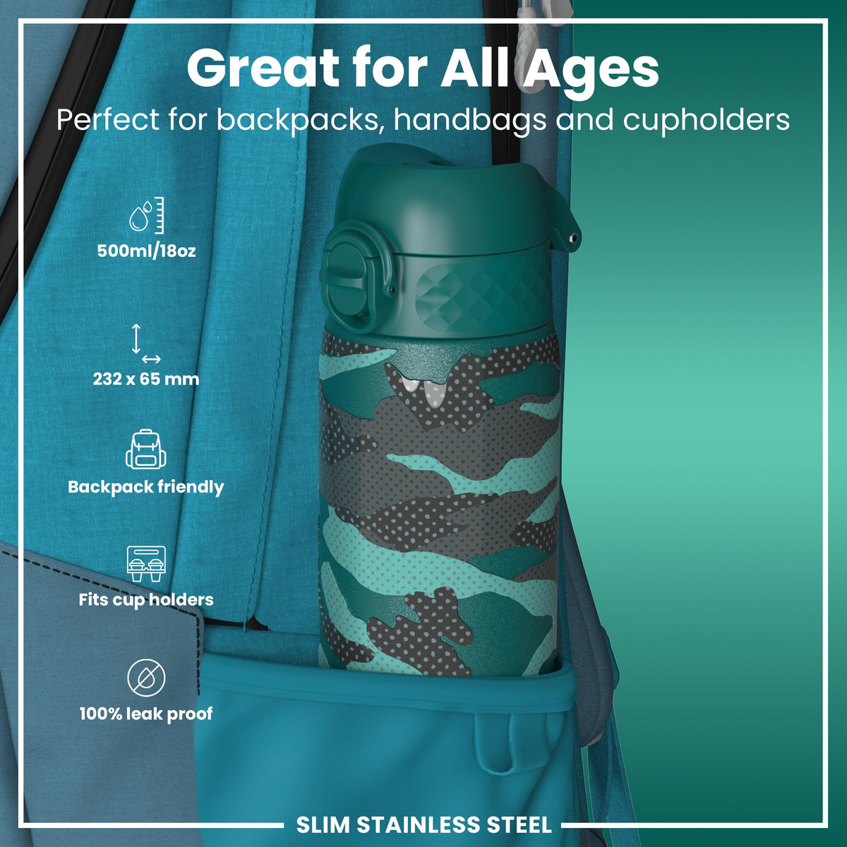 Leak Proof Slim Water Bottle, Stainless Steel, Camouflage, 600ml (20oz) — additional product photo