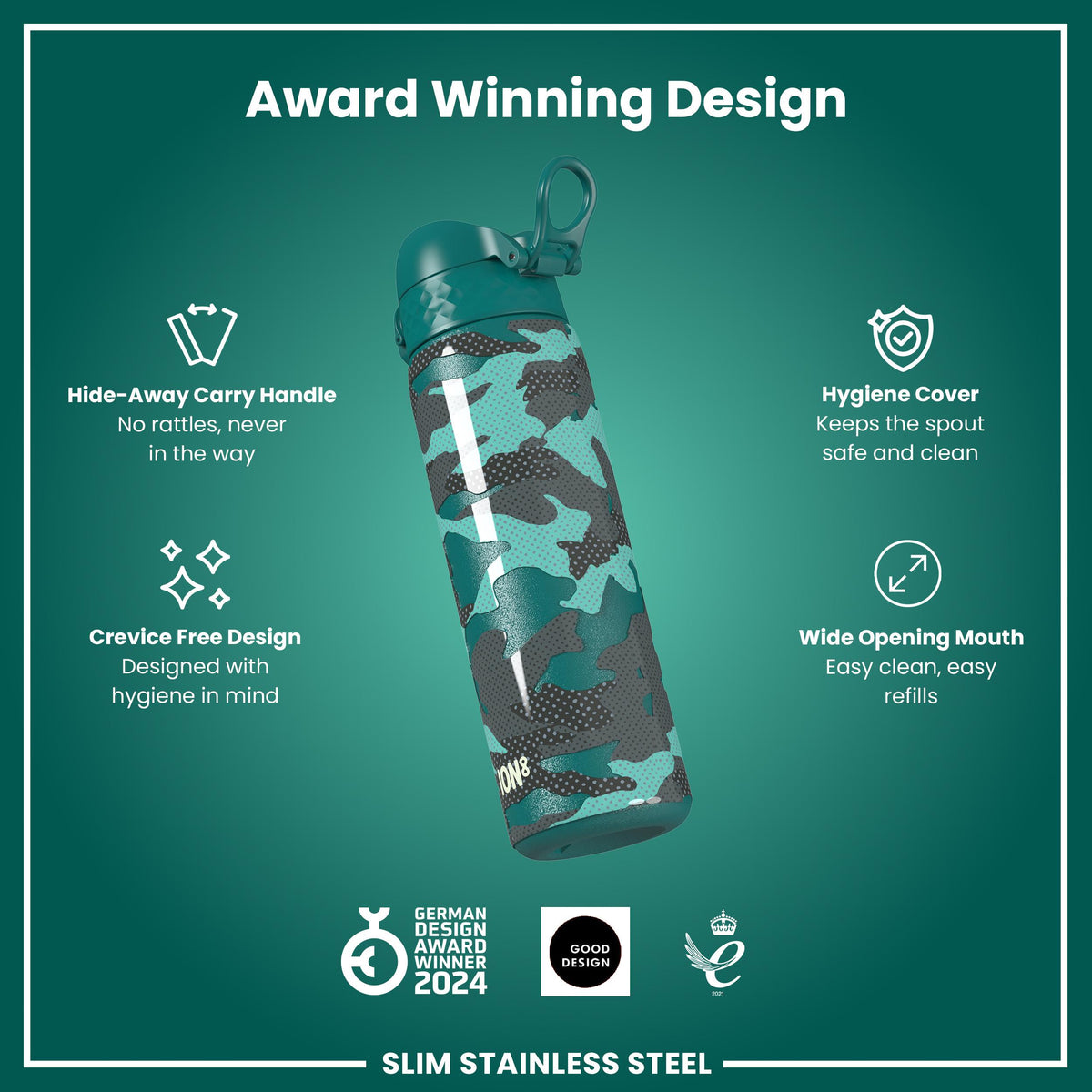 Leak Proof Slim Water Bottle, Stainless Steel, Camouflage, 600ml (20oz) — additional product photo