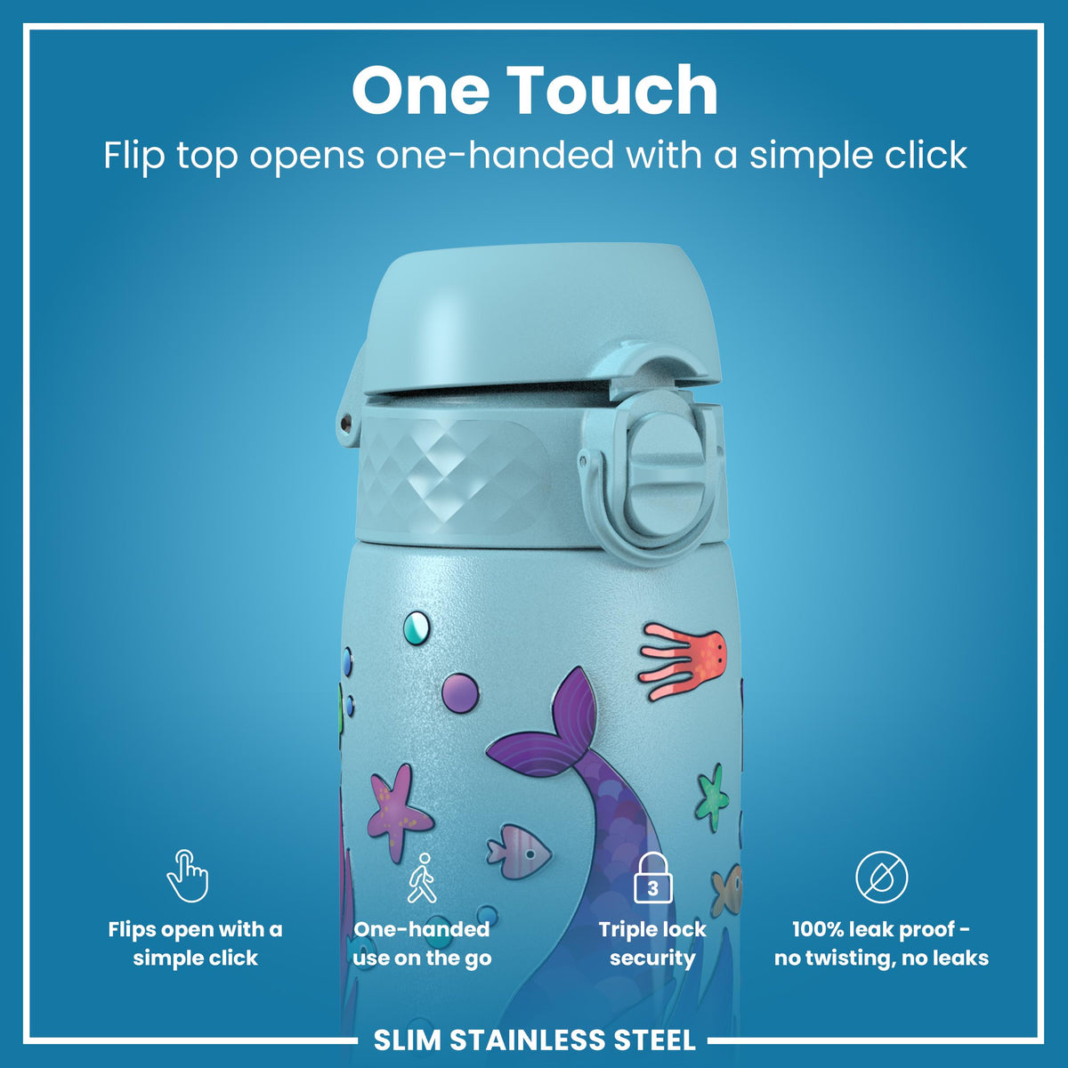 Leak Proof Slim Water Bottle, Stainless Steel, Mermaids, 600ml (20oz) — additional product photo