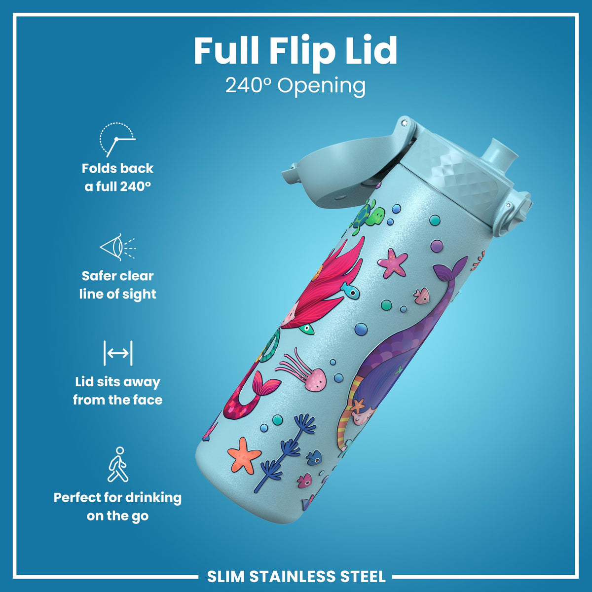 Leak Proof Slim Water Bottle, Stainless Steel, Mermaids, 600ml (20oz) — additional product photo