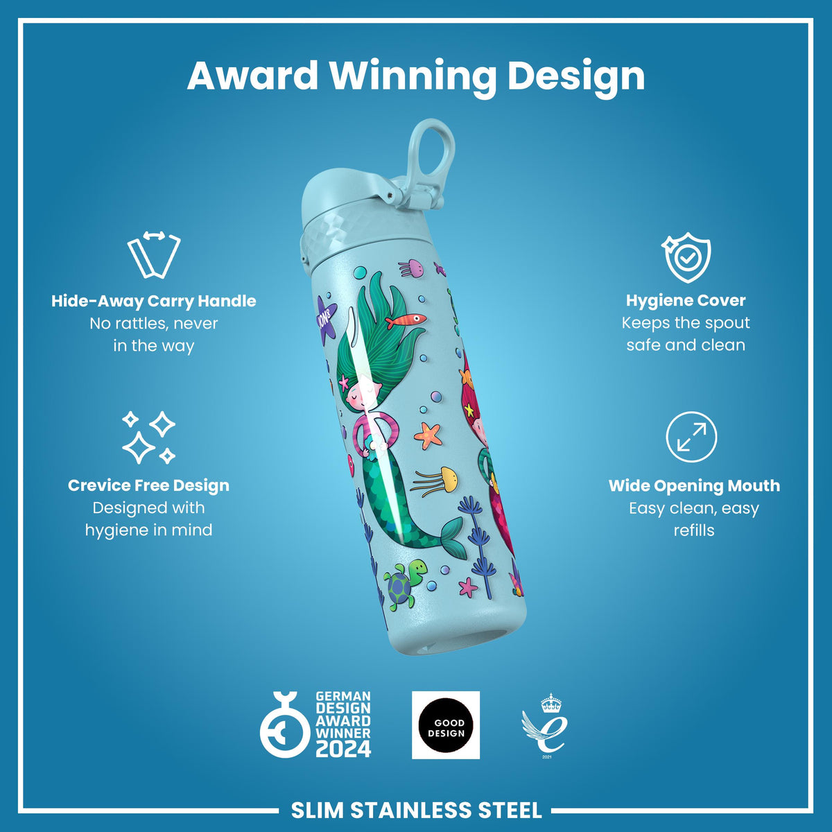 Leak Proof Slim Water Bottle, Stainless Steel, Mermaids, 600ml (20oz) — additional product photo